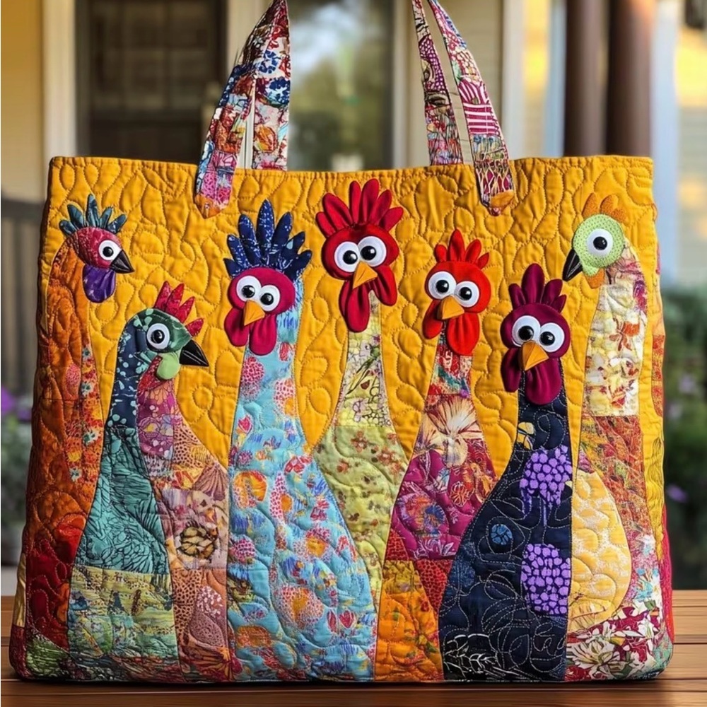 Quilted Yellow Patchwork playful Rooster Tote Bag